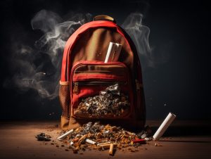 symboliczny obrazek przedstawiający papierosy w plecaku, mający zwrócić uwage na palenie wśród młodzieży